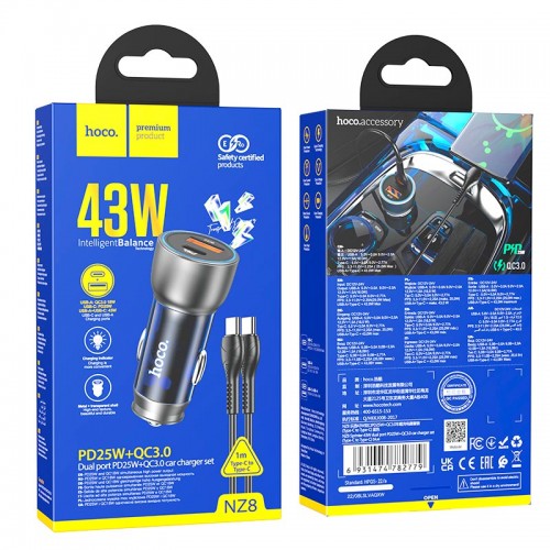 Адаптер автомобільний Hoco Type-C to Type-C cable Sprinter dual port Car charger NZ8 |1USB/1Type-C, QC/PD, 43W/3A| blue
