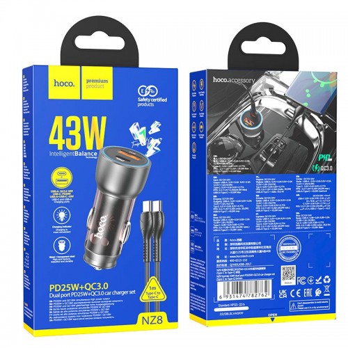 Адаптер автомобільний Hoco Type-C to Type-C cable Sprinter dual port Car charger NZ8 |1USB/1Type-C, QC/PD, 43W/3A| blue