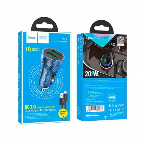 Адаптер автомобільний Hoco Type-C cable Transparent Discovery Edition dual port Z47 |2USB, QC, 3A| black