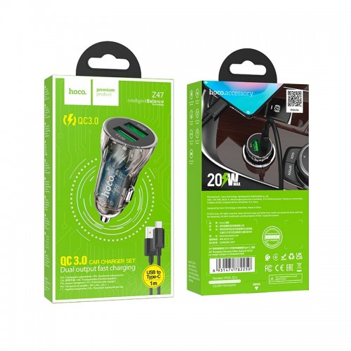 Адаптер автомобільний Hoco Type-C cable Transparent Discovery Edition dual port Z47 |2USB, QC, 3A| black
