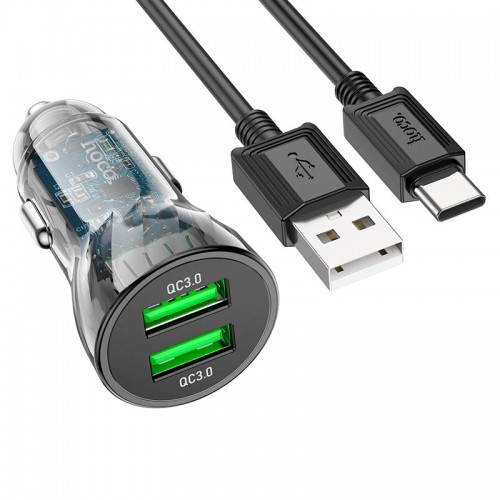 Адаптер автомобільний Hoco Type-C cable Transparent Discovery Edition dual port Z47 |2USB, QC, 3A| black