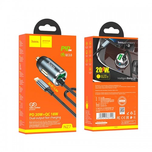 Адаптер автомобильный HOCO Lightning Cable car charger NZ7 |1USB, 20W/3A, PD/QC|