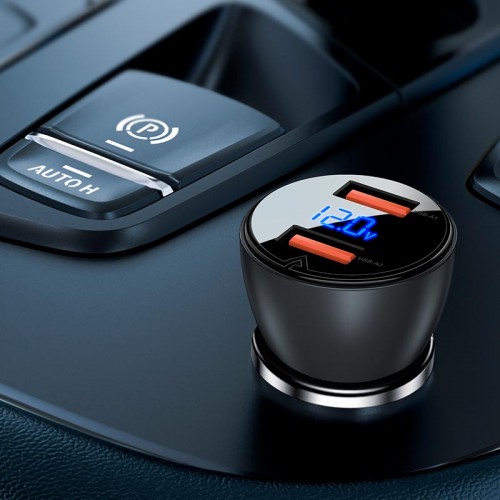 Адаптер автомобільний AceFast metal Car charger with digital display B7 |2USB, 45W/5A, PD/QC| black