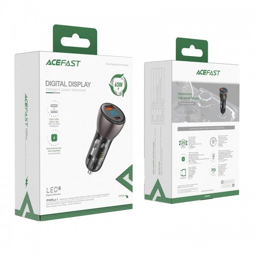 Адаптер автомобільний AceFast metal Car charger with digital display B6 |1USB/1Type-C, 63W/6A, PD/QC| black