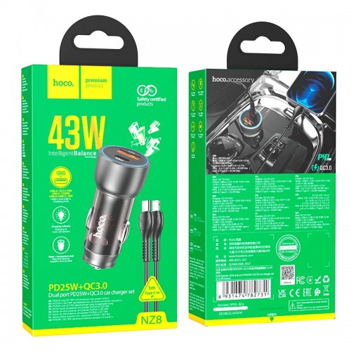 Адаптер автомобільний Hoco Type-C Lightning cable Sprinter dual port Car charger NZ8 |1USB/1Type-C, QC/PD, 43W/3A| blue