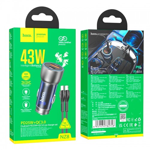 Адаптер автомобільний Hoco Type-C Lightning cable Sprinter dual port Car charger NZ8 |1USB/1Type-C, QC/PD, 43W/3A| blue