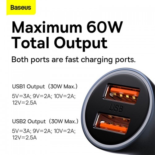 Адаптер автомобільний Baseus Golden Contactor Max Dual Fast Charger Car Charger |2USB, QC/PD, 60W/3A| grey