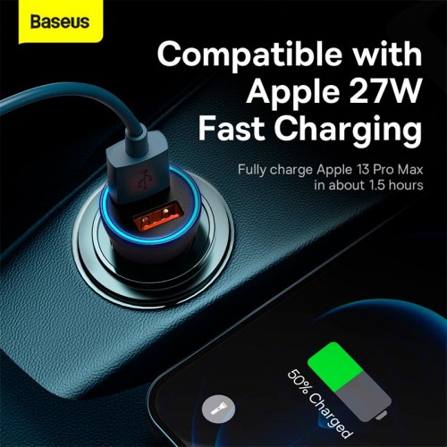 Адаптер автомобільний Baseus Golden Contactor Max Dual Fast Charger Car Charger |2USB, QC/PD, 60W/3A| grey