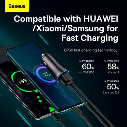 Адаптер автомобільний Baseus Golden Contactor Max Dual Fast Charger Car Charger |2USB, QC/PD, 60W/3A| grey