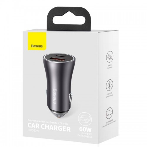 Адаптер автомобільний Baseus Golden Contactor Max Dual Fast Charger Car Charger |1USB/1Type-C, QC/PD, 60W/3A| grey