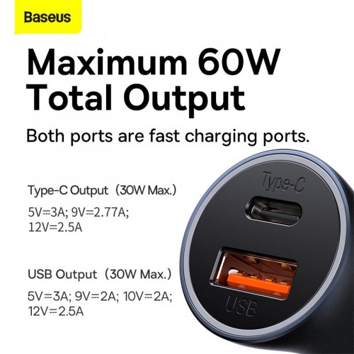 Адаптер автомобільний Baseus Golden Contactor Max Dual Fast Charger Car Charger |1USB/1Type-C, QC/PD, 60W/3A| grey