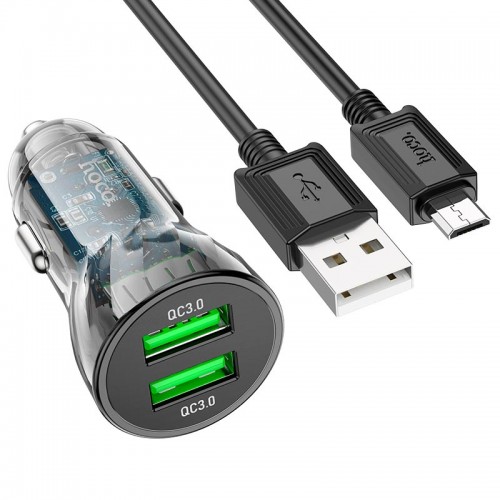 Адаптер автомобільний Hoco Micro USB cable Transparent Discovery Edition dual port Z47 |2USB, QC, 3A| transparent-black