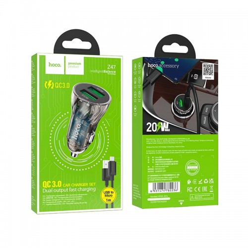 Адаптер автомобільний Hoco Micro USB cable Transparent Discovery Edition dual port Z47 |2USB, QC, 3A| transparent-black