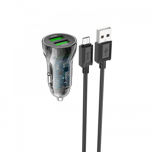 Адаптер автомобільний Hoco Micro USB cable Transparent Discovery Edition dual port Z47 |2USB, QC, 3A| transparent-black