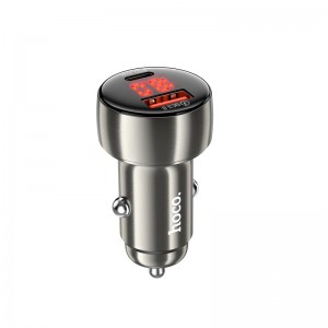 Адаптер автомобільний Hoco Leader dual-port Car charger with digital display Z50 |1USB/1Type-C, 48W/3A, PD/QC| metal-grey