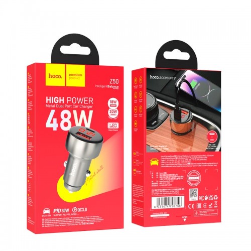 Адаптер автомобільний Hoco Leader dual-port Car charger with digital display Z50 |1USB/1Type-C, 48W/3A, PD/QC| metal-grey