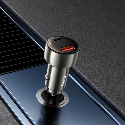 Адаптер автомобільний Hoco Leader dual-port Car charger with digital display Z50 |1USB/1Type-C, 48W/3A, PD/QC| metal-grey