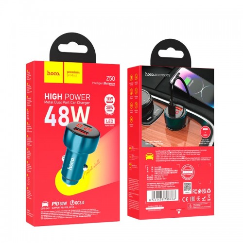 Адаптер автомобільний Hoco Leader dual-port Car charger with digital display Z50 |1USB/1Type-C, 48W/3A, PD/QC| metal-grey