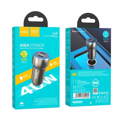 Адаптер автомобільний HOCO Tough dual port car charger Z48 |2Type-C, 40W/3A, PD/QC| grey