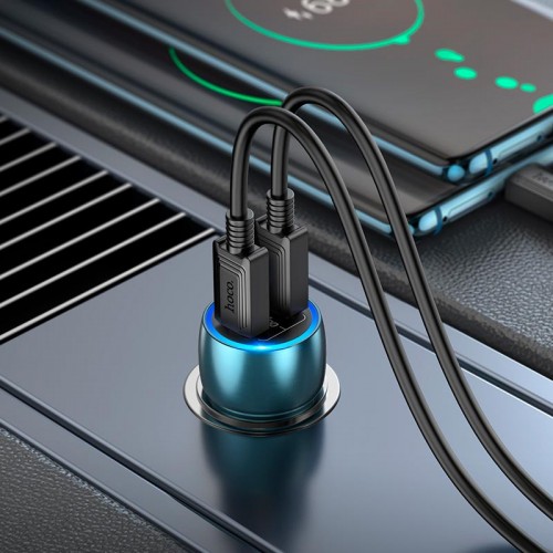 Адаптер автомобільний HOCO Type-C to Type-C Cable Tough dual port car charger Z48 |2Type-C, 40W/3A, PD/QC| Sapphire-blue