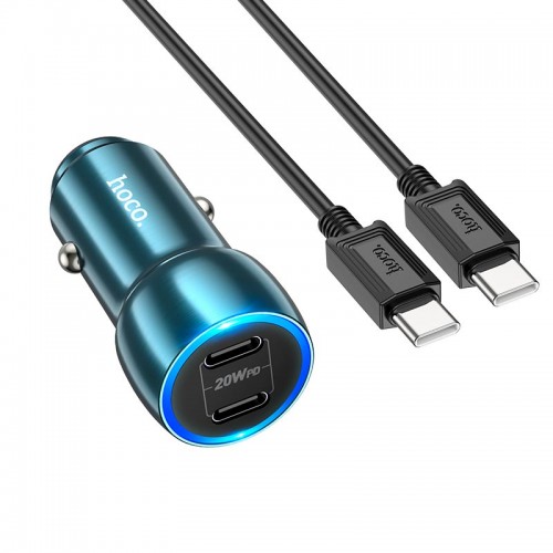 Адаптер автомобільний HOCO Type-C to Type-C Cable Tough dual port car charger Z48 |2Type-C, 40W/3A, PD/QC| Sapphire-blue