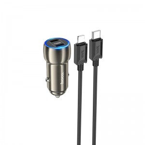 Адаптер автомобільний HOCO Type-C to Lightning Cable Tough dual port car charger Z48 |2Type-C, 40W/3A, PD/QC| grey