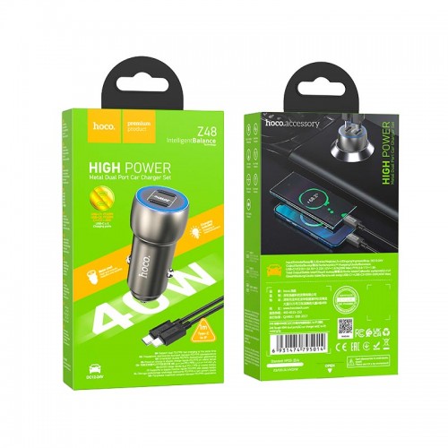 Адаптер автомобільний HOCO Type-C to Lightning Cable Tough dual port car charger Z48 |2Type-C, 40W/3A, PD/QC| grey