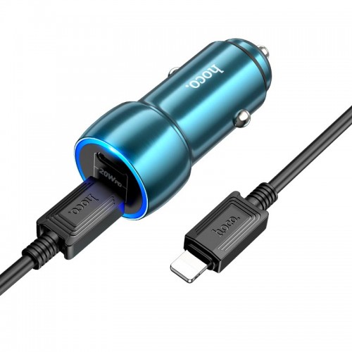 Адаптер автомобільний HOCO Type-C to Lightning Cable Tough dual port car charger Z48 |2Type-C, 40W/3A, PD/QC| Sapphire-blue
