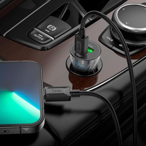 Адаптер автомобільний Hoco Type-C to Lightning CableTransparent Discovery Edition dual port Z47A |1USB/1Type-C, QC/PD, 30W/3A| transparent-black