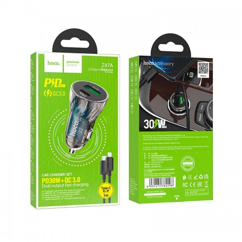 Адаптер автомобільний Hoco Type-C to Lightning CableTransparent Discovery Edition dual port Z47A |1USB/1Type-C, QC/PD, 30W/3A| transparent-black