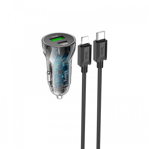 Адаптер автомобільний Hoco Type-C to Lightning CableTransparent Discovery Edition dual port Z47A |1USB/1Type-C, QC/PD, 30W/3A| transparent-black