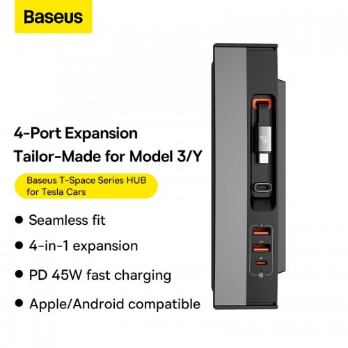 Baseus T-Space Series HUB for Tesla Cars With a retractable 45W type-C cable |2USB/2Type-C| black