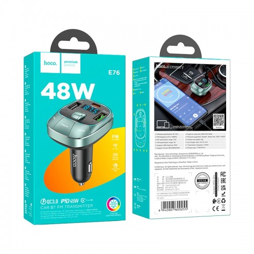 Адаптер автомобільний HOCO Pole BT FM transmitter E76 |2USB/1Type-C, 45W/3A, PD/QC| Space black