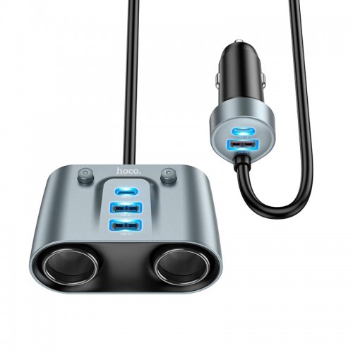 Адаптер автомобільний HOCO Establisher 2-in-1 cigarette lighter Car charger Z51 |3USB/2Type-C, PD/QC, 147W| metal-grey