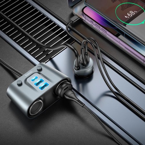 Адаптер автомобільний HOCO Establisher 2-in-1 cigarette lighter Car charger Z51 |3USB/2Type-C, PD/QC, 147W| metal-grey