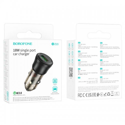 Адаптер автомобильный Borofone Noble single-port car charger BZ23 |1USB, 18W/3A, QC3.0|