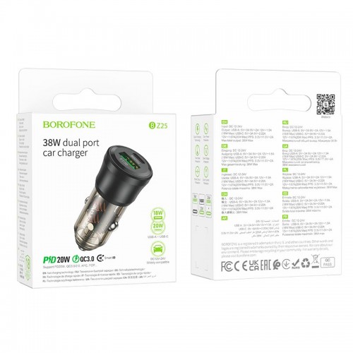 Адаптер автомобильный Borofone Journey car charger BZ25 |1USB/1Type-C, 38W/3A, PD/QC|