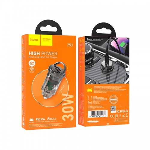 Адаптер автомобильный HOCO Sight single port car charger Z53 |1Type-c, PD/QC, 30W/3A|