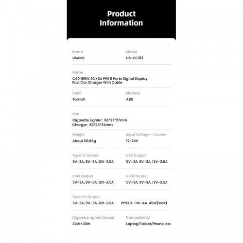 Адаптер автомобільний USAMS Digital Display Fast Car Charger US-CC213 C40 |3USB/2Type-C, 165W| black