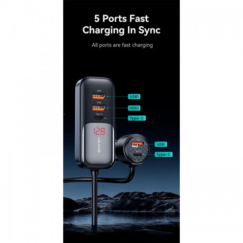 Адаптер автомобільний USAMS Digital Display Fast Car Charger US-CC213 C40 |3USB/2Type-C, 165W| black