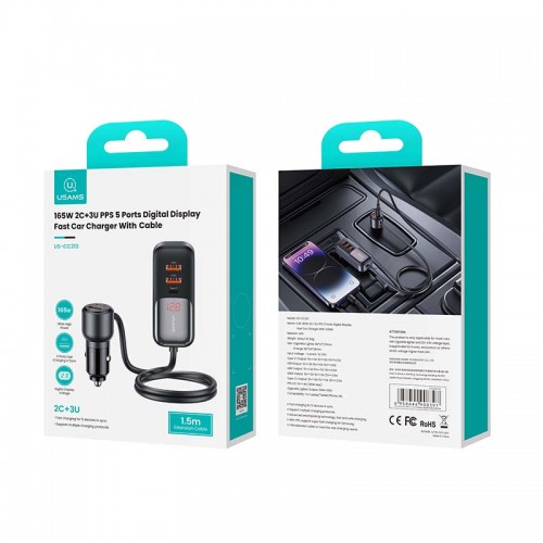 Адаптер автомобільний USAMS Digital Display Fast Car Charger US-CC213 C40 |3USB/2Type-C, 165W| black
