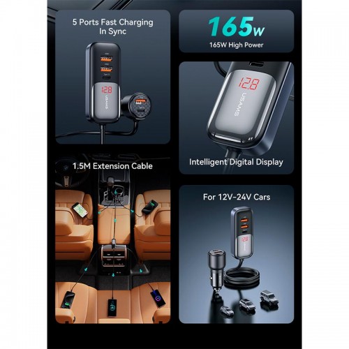 Адаптер автомобільний USAMS Digital Display Fast Car Charger US-CC213 C40 |3USB/2Type-C, 165W| black