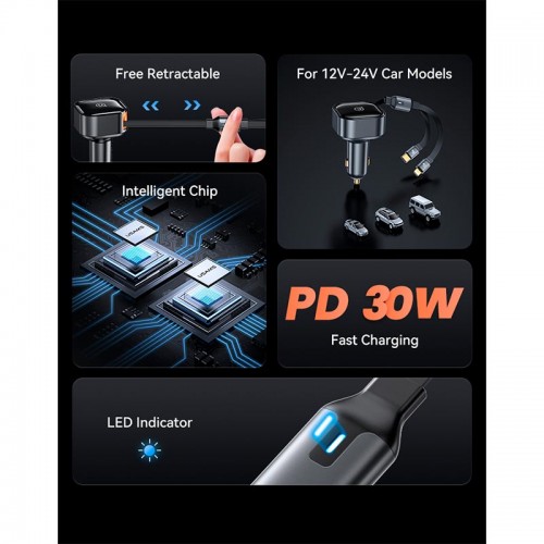Адаптер автомобільний USAMS Car Charger With 2in1 Retractable Cable Type-C + Lightning US-CC219 C41 |30W, PD/QC| black