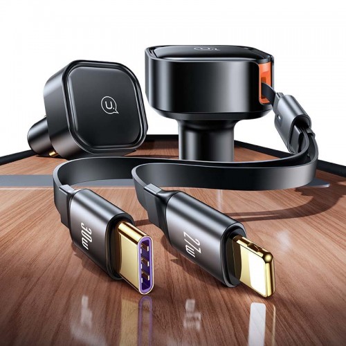 Адаптер автомобільний USAMS Car Charger With 2in1 Retractable Cable Type-C + Lightning US-CC219 C41 |30W, PD/QC| black