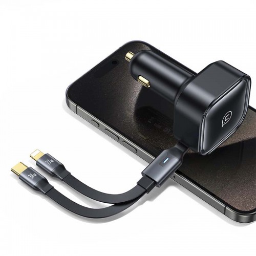 Адаптер автомобільний USAMS Car Charger With 2in1 Retractable Cable Type-C + Lightning US-CC219 C41 |30W, PD/QC| black