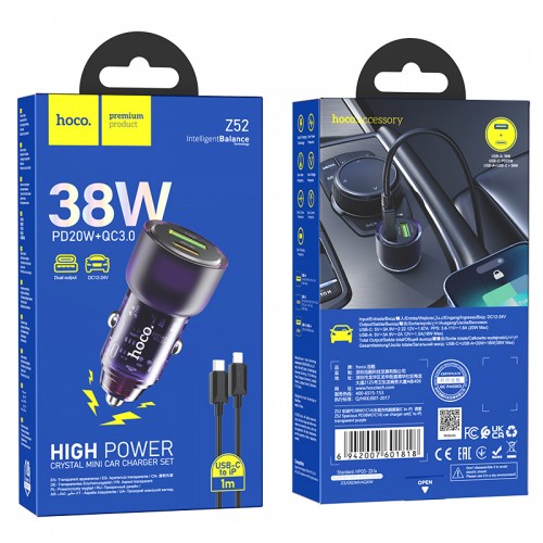 Адаптер автомобільний Hoco Type-C to Lightnig Cable Spacious Car charger set Z52 |1USB/1Type-C, 38W/3A, PD/QC| transparent-purple