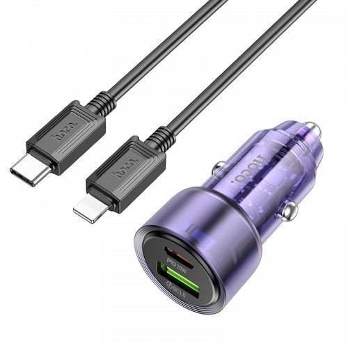 Адаптер автомобільний Hoco Type-C to Lightnig Cable Spacious Car charger set Z52 |1USB/1Type-C, 38W/3A, PD/QC| transparent-purple