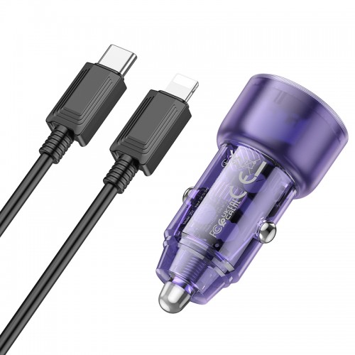 Адаптер автомобільний Hoco Type-C to Lightnig Cable Spacious Car charger set Z52 |1USB/1Type-C, 38W/3A, PD/QC| transparent-purple