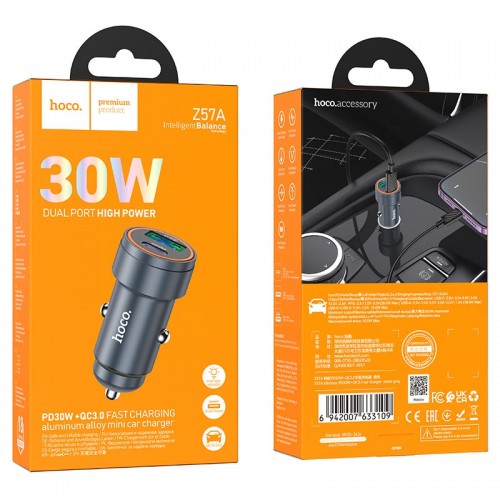Адаптер автомобільний Hoco Glorious Car charger Z57A |1USB/1Type-C, 30W/3A, PD/QC| metal-grey