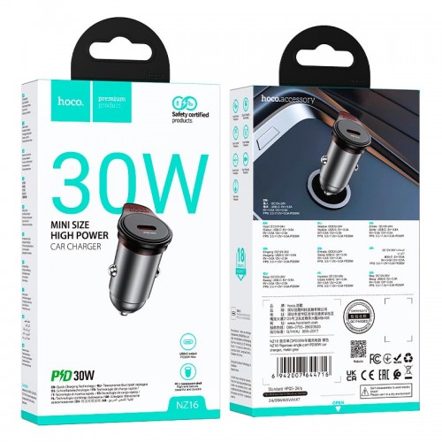 Адаптер автомобильный HOCO Rigorous single port car charger NZ16 |1Type-C, 30W/3A, PD30W/QC|